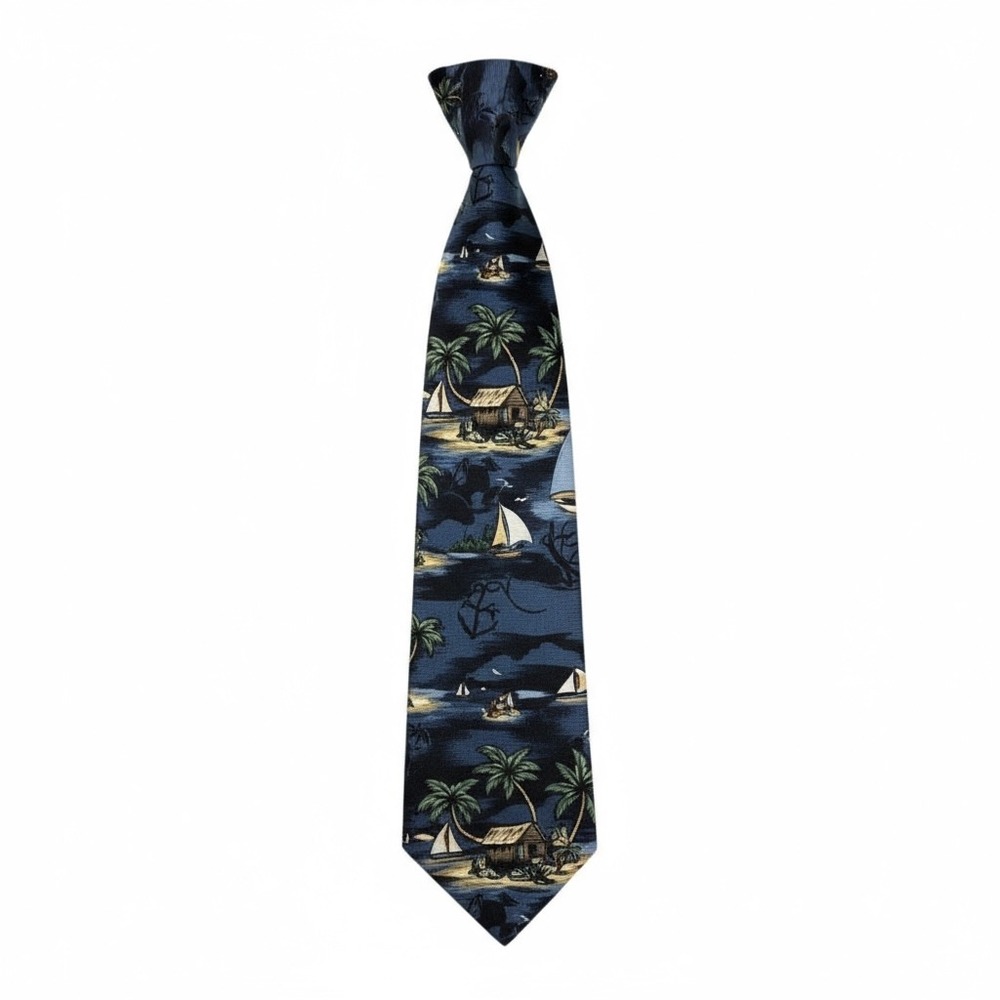 Disney Mickey Mouse Tropical Island Print Silk Tie‎ Blue Yellow Green Vintage